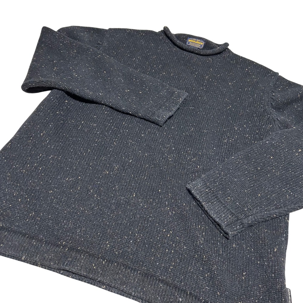 Woolrich Sweater Mens Large Black Ramie Wool Blend Roll Neck Flecked Knit 9097